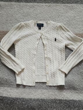 Polo Ralph Lauren Girls Ivory Cable Knit Cotton Cardigan Sz 5 Preppy PoloKids